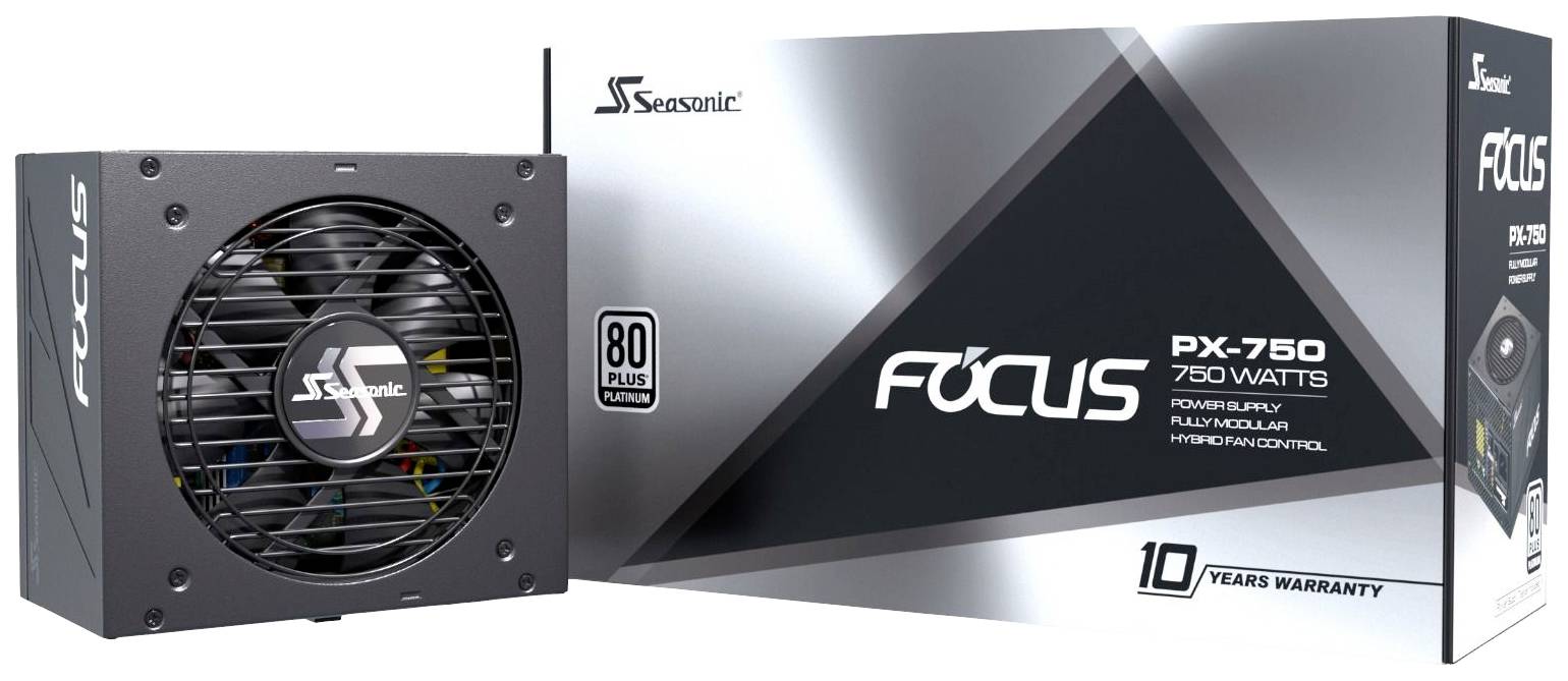 'Seasonic Focus PX-750 750 Watt Voeding' met 80-Plus-Platinum-certificering en 10 jaar garantie.