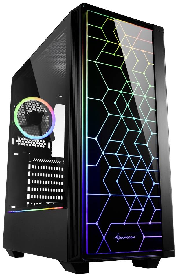 Zwart computerbehuizing met RGB-verlichting en geometrisch patroon op de voorkant. Zichtbare ventilatoren aan de achterkant lichten eveneens op.