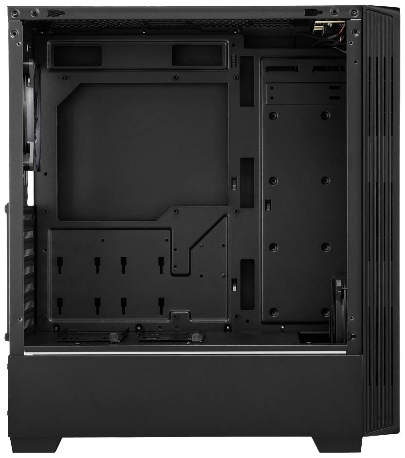 Zwart, leeg computerbehuizing met open zijwand, biedt ruimte voor moederbord, ventilatoren en andere hardwarecomponenten.