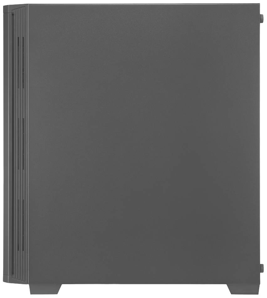 Behuizing van een moderne computerbehuizing in het zwart, zonder zichtbare merk- of ontwerpkenmerken, met zijdelingse ventilatiesleuven.