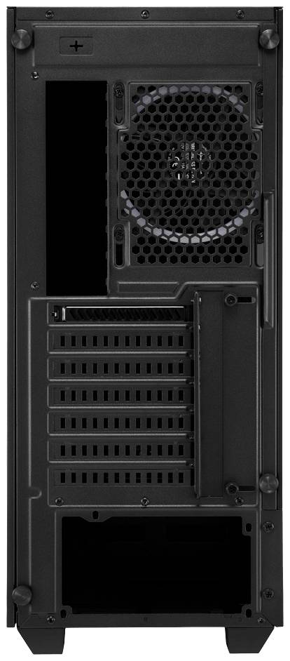 De achterkant van een computerbehuizing met ventilator, meerdere uitbreidingssleuven en ventilatierooster.