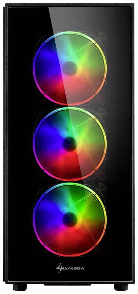 Een zwart computerbehuizing met drie zichtbare, oplichtende RGB-ventilatoren aan de voorkant.