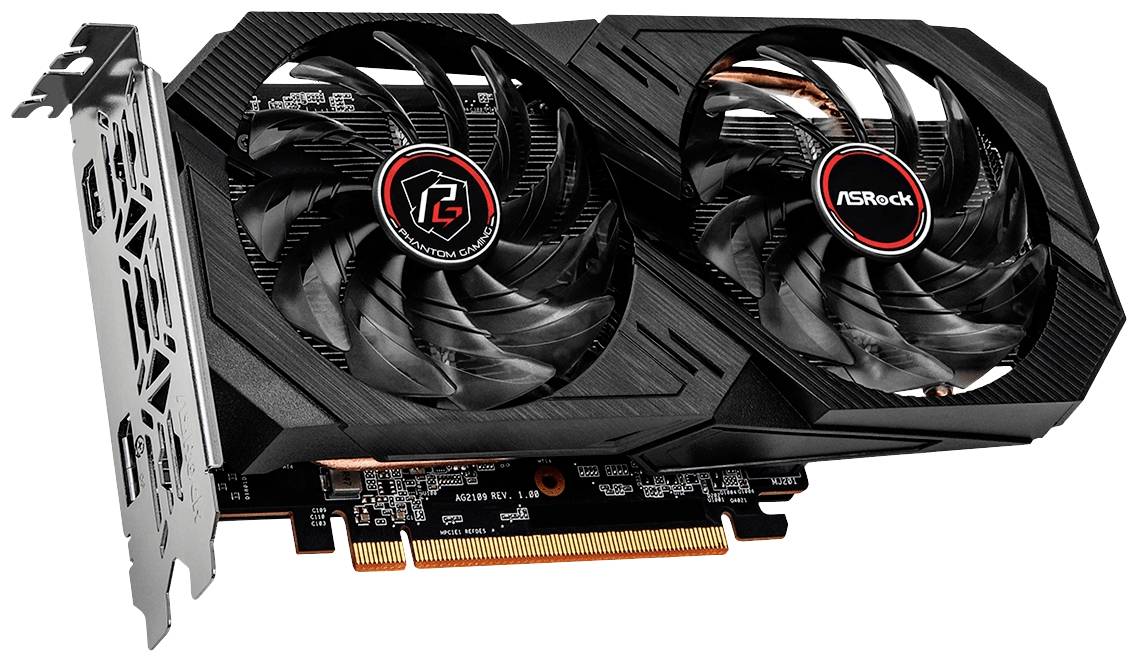 Een zwarte ASRock-videokaart met twee ventilatoren, gezien van opzij. Hij is ontworpen met metalen en kunststof elementen.