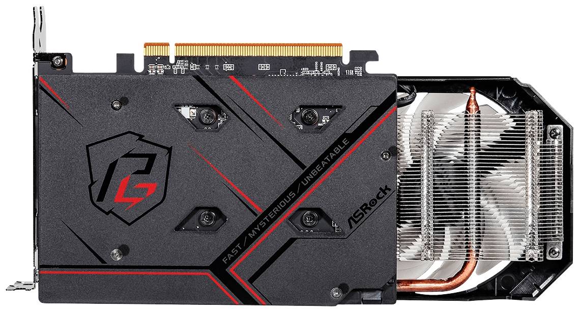 Een zwarte ASRock-grafische kaart met rode accenten en een zilverkleurige koelbehuizing.