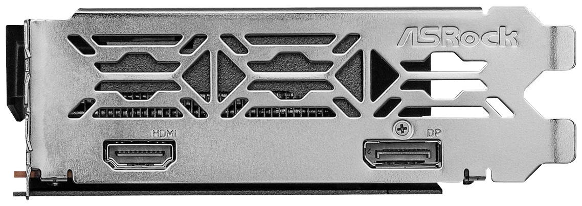 Metalen achterkant van een grafische kaart met HDMI- en DP-aansluitingen, evenals ventilatiesleuven. Merknaam rechtsboven gegraveerd.