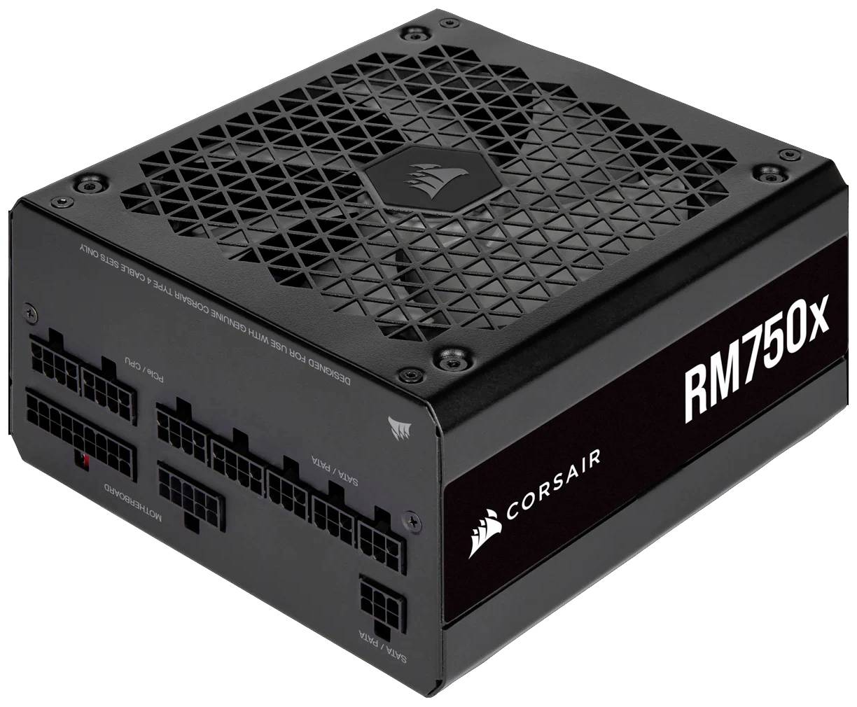 Zwarte Corsair RM750x pc-voeding met modulair kabelsysteem weergegeven. Geschikt voor krachtige computers en efficiënte stroomvoorziening.