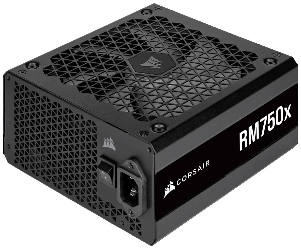Zwarte Corsair voeding RM750x, vierkante vorm, met ventilatierooster en kabelaansluitingen, geschikt voor pc-stroomvoorziening.