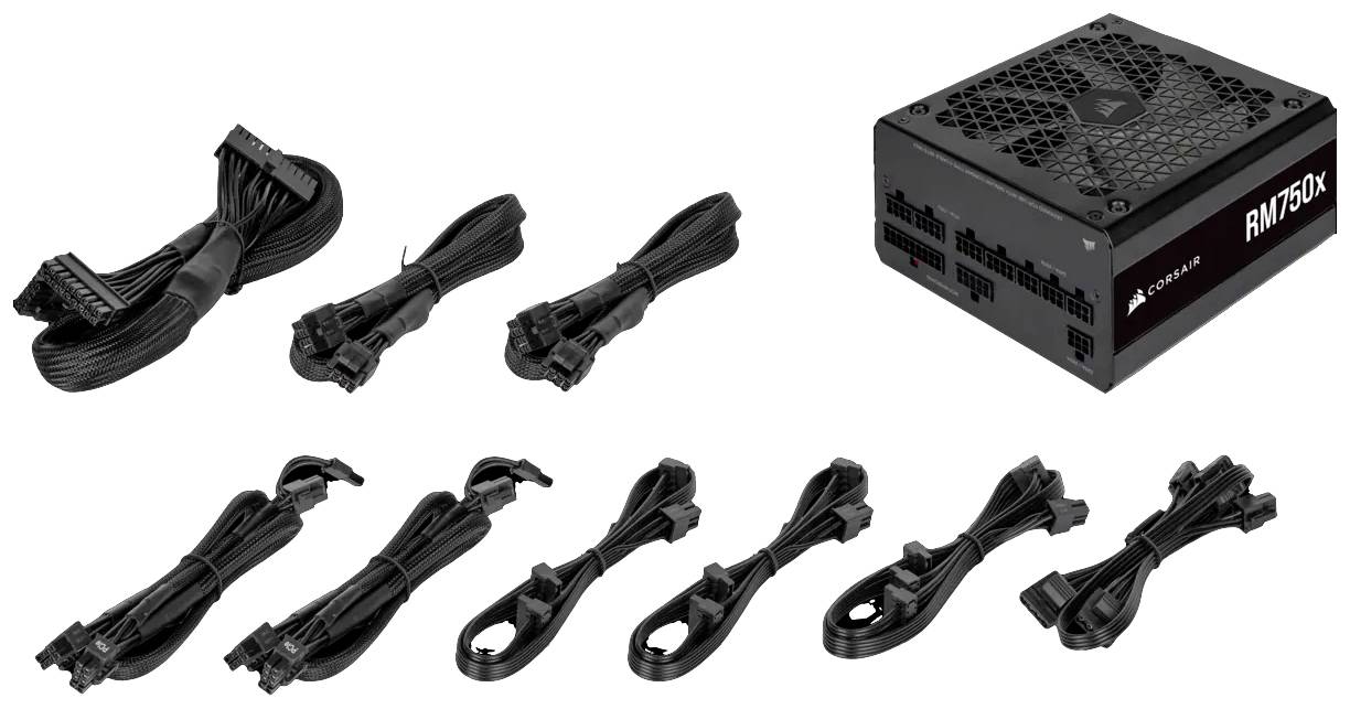 Voedingsunit Corsair RM750x met meerdere kabels: een hoofdstroomkabel en zes extra aansluitkabels, geschikt voor pc-componenten.