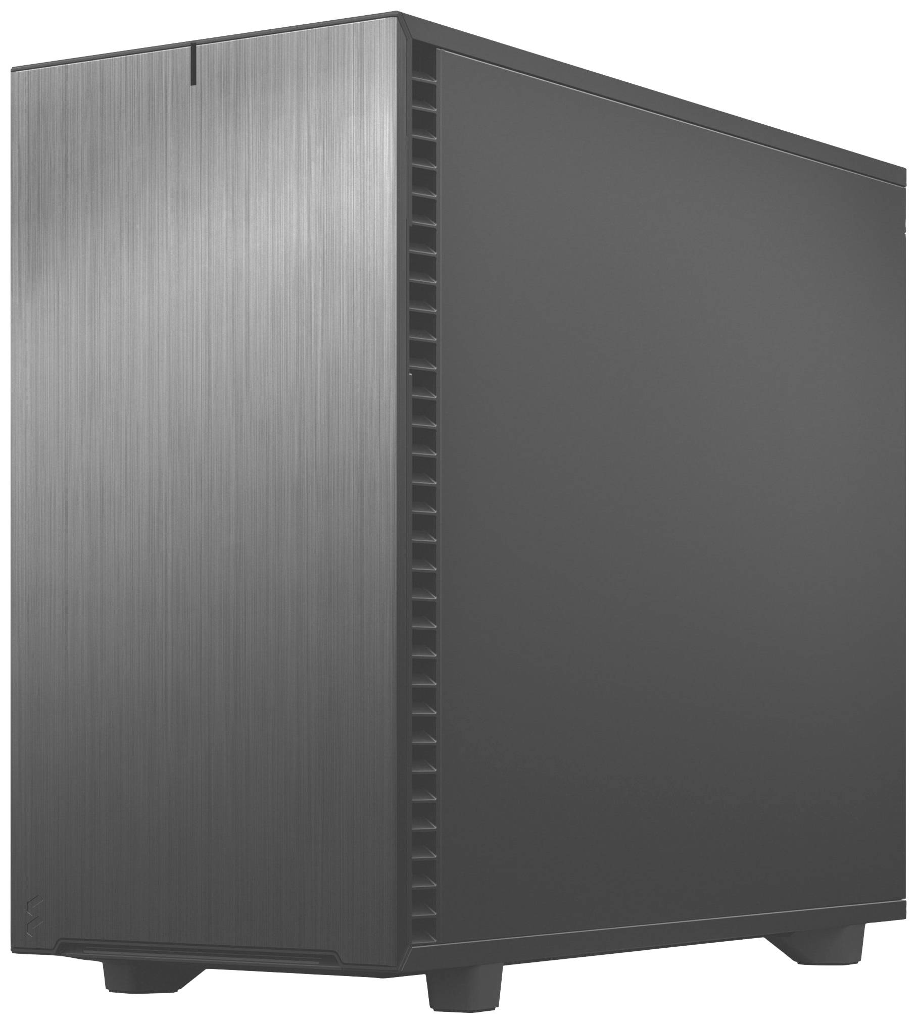 Een moderne zwarte computerbehuizing met een gladde, minimalistische metalen oppervlakte en verluchtingssleuven aan de zijkant.