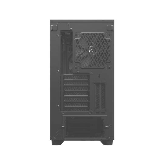 Een zwart computerbehuizing van achteren met ventilatierooster, meerdere uitbreidingssleuven en een voedingsgebied onderaan.