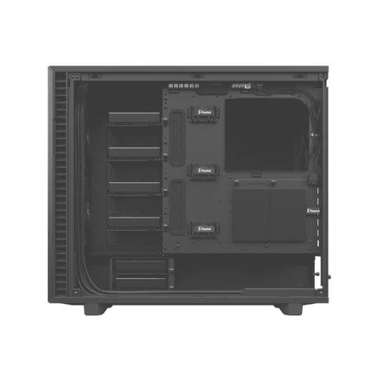 Computerbehuizing in zijaanzicht zonder componenten, met open binnenkant en verschillende stationssleuven.