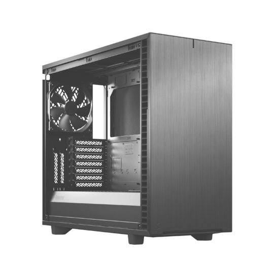 Behuizing van een desktopcomputer met open zijpaneel, waarbij ventilatoren en interne bevestigingsframes voor componenten zichtbaar zijn.