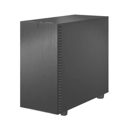 Zwart computerbehuizing met minimalistisch design, zijdelingse ventilatiesleuven en een gladde, verticale oppervlaktestructuur.