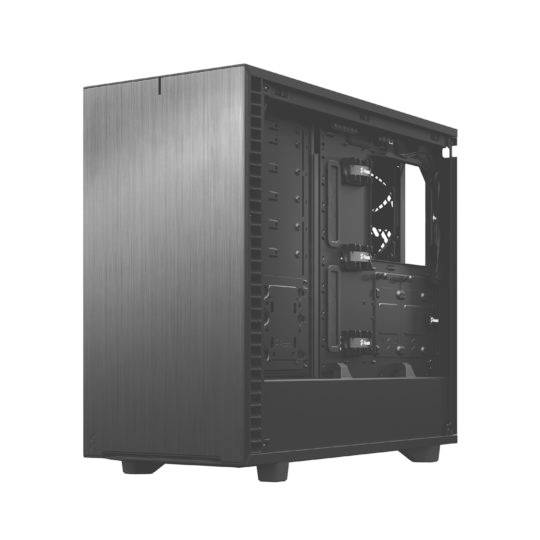 Een leeg computerbehuizing met een open zijpaneel, toont interne bevestigingsbeugels en aansluitingen. Geen zichtbare inhoud of componenten.