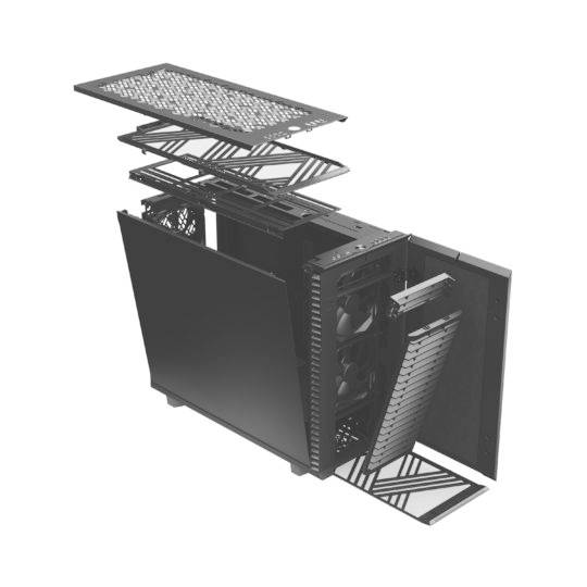 Ontploffingstekening van een computertoren met geopende panelen, toont interne componenten en ventilatiesystemen.