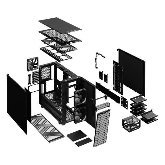 Uitgeklapt zwart computerbehuizing met zichtbare onderdelen, inclusief ventilatoren, roosters en panelen, tegen een witte achtergrond.