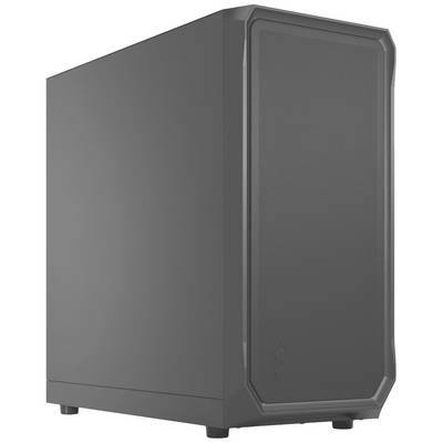 Een grijs computerbehuizing met een eenvoudig ontwerp en een gladde voorplaat, staand op een vlak oppervlak.