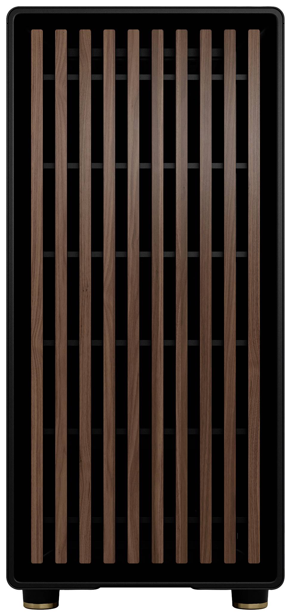 Zwarte luidspreker met verticaal houten lattenontwerp aan de voorkant.