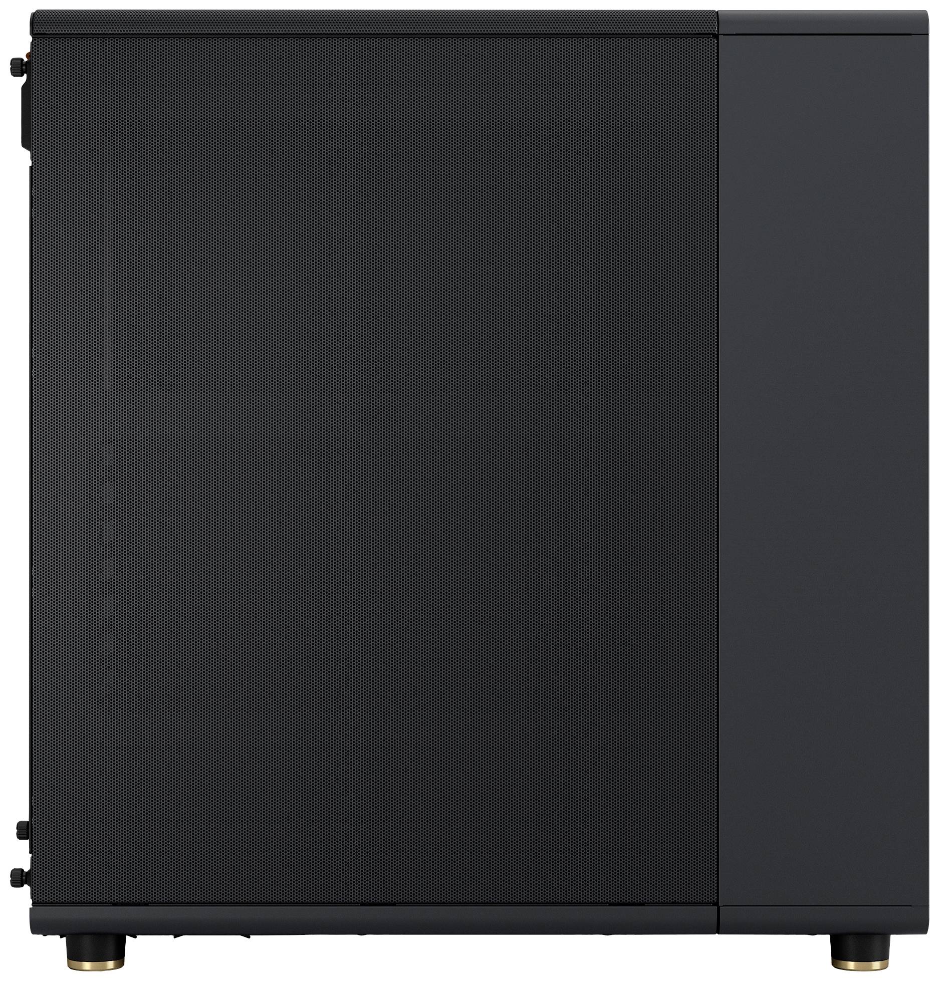 Een zwarte computerbehuizing met een strak design en zonder zichtbare merkaanduiding, geschikt voor desktopcomputers.