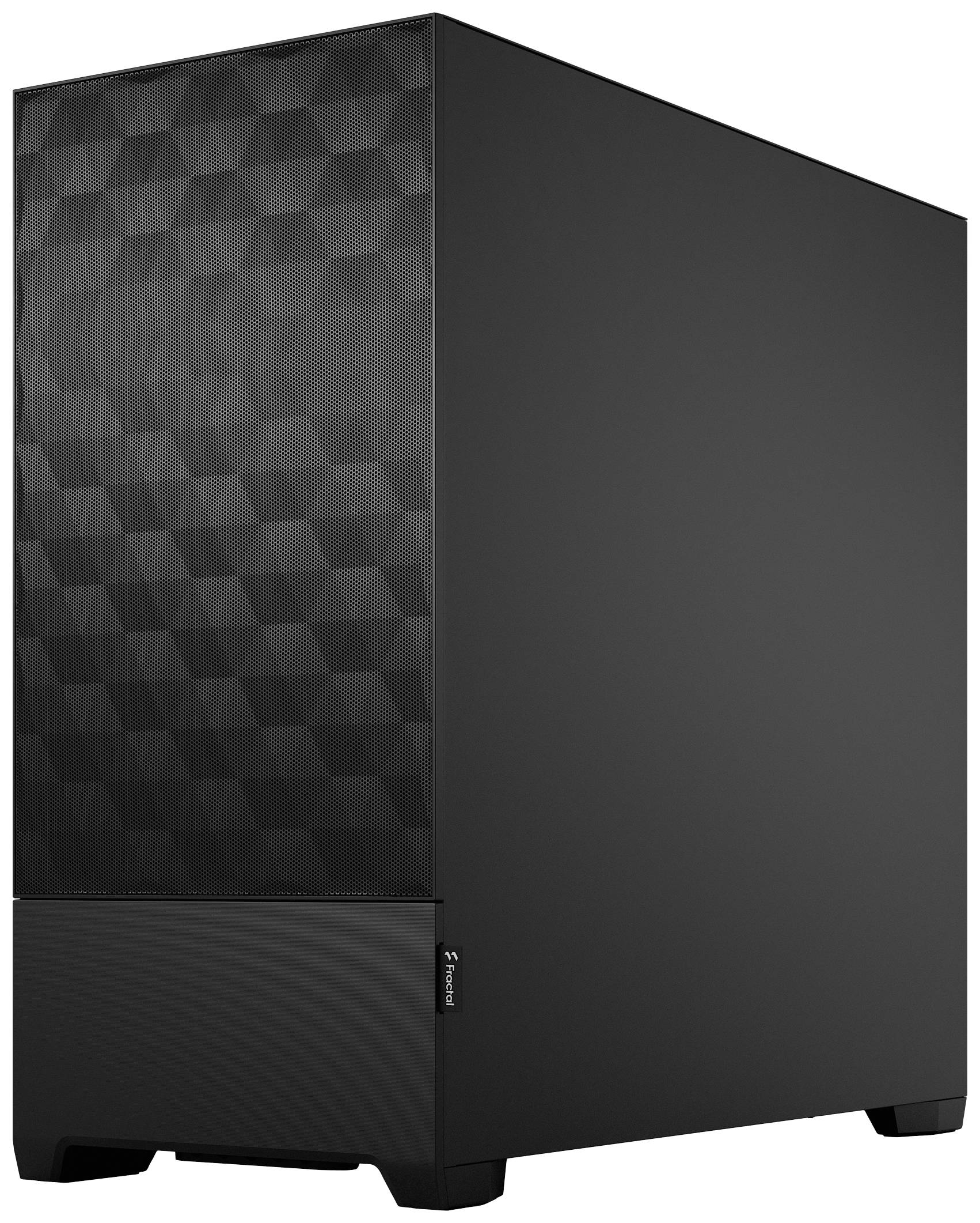 Een zwart computerbehuizing met een geometrisch patroon op de voorkant. Modern design, geschikt voor desktopcomputers.