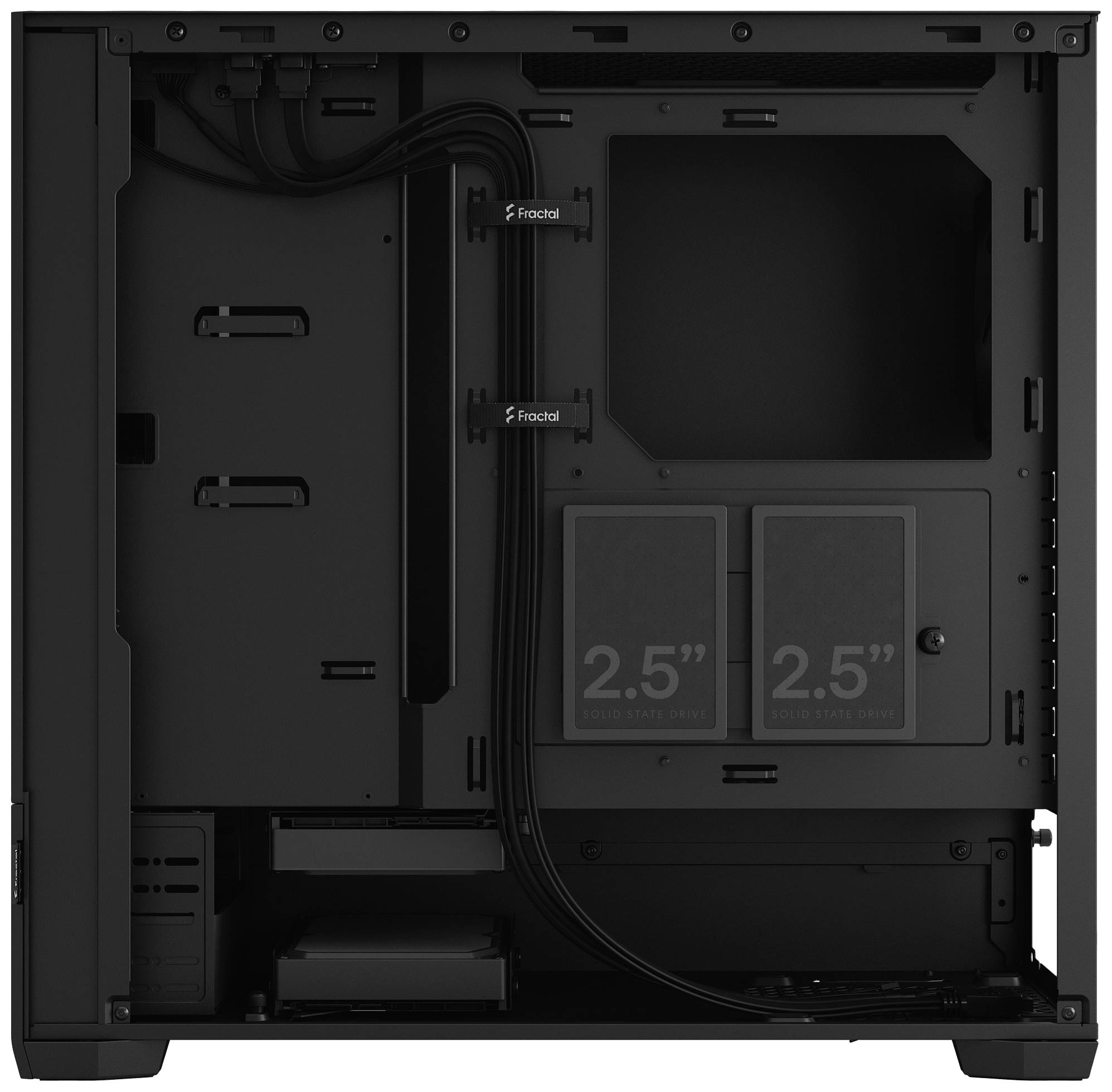 Fractal pc-behuizing van binnen, leeg, met kabelgeleiding en houders voor twee 2,5-inch-drives.