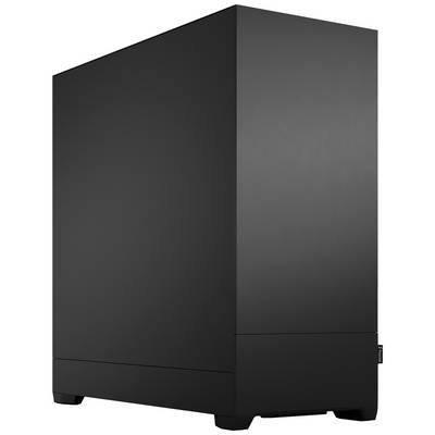Zwart, rechthoekige computerbehuizing, strak design, zonder zichtbare aansluitingen of knoppen, geschikt voor werk- of gaming-pc's.
