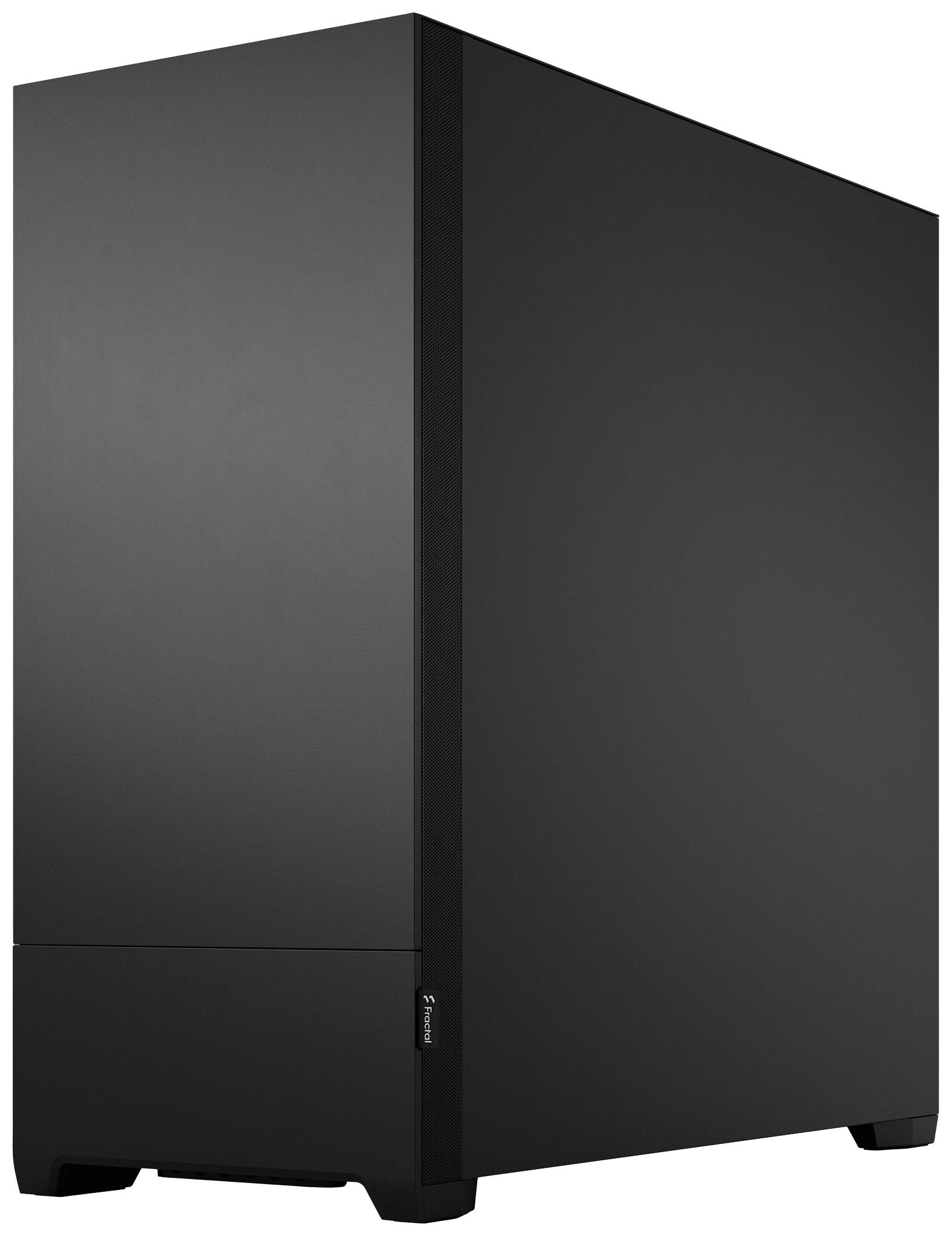 Een zwarte computerbehuizing met een eenvoudig ontwerp en gladde oppervlakte, staand op korte pootjes, zonder zichtbare aansluitingen of knoppen.