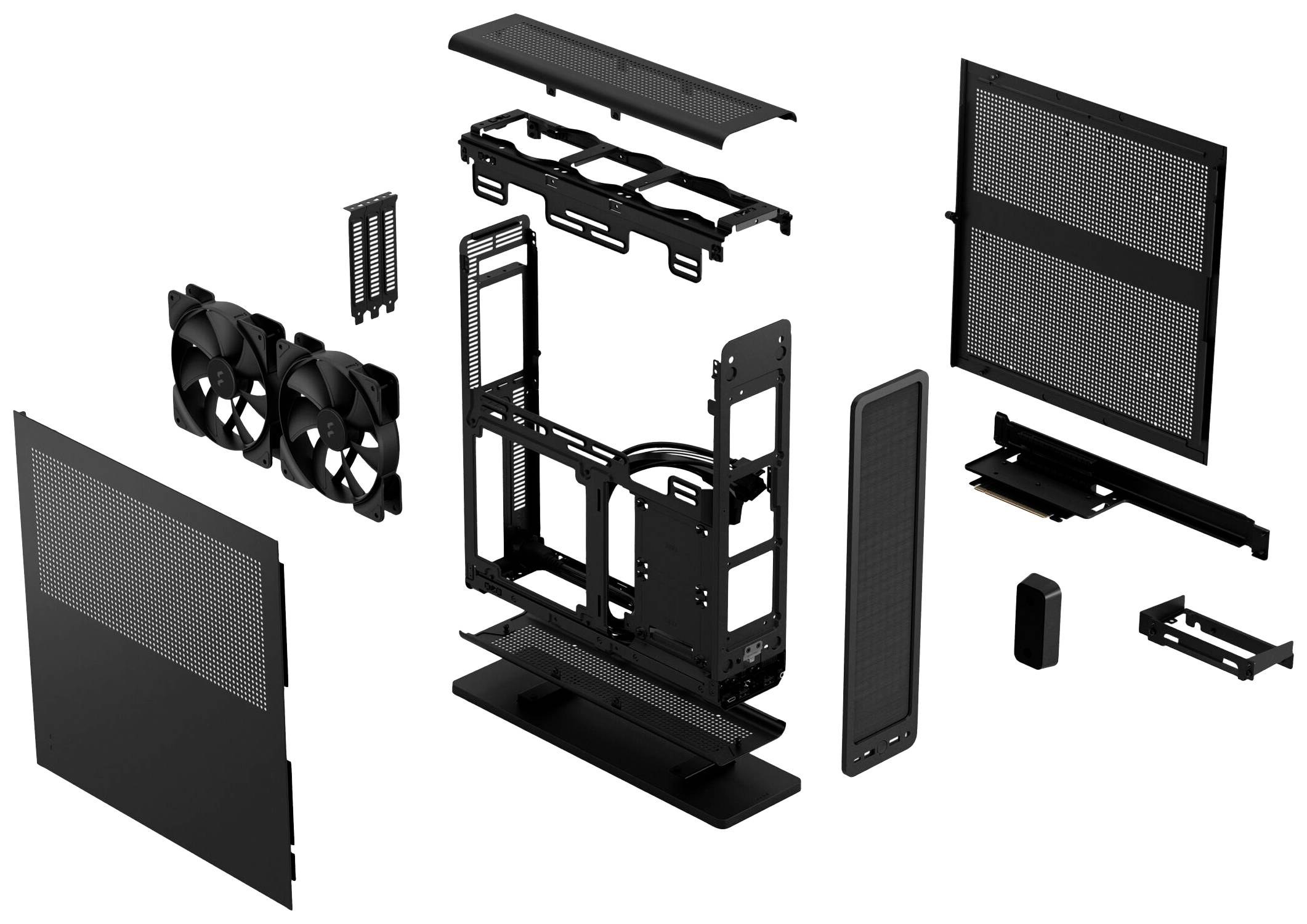 Gedemonteerd computerbehuizing met zichtbare componenten zoals ventilatoren, frame en panelen, onthult de interne structuur en opbouw.