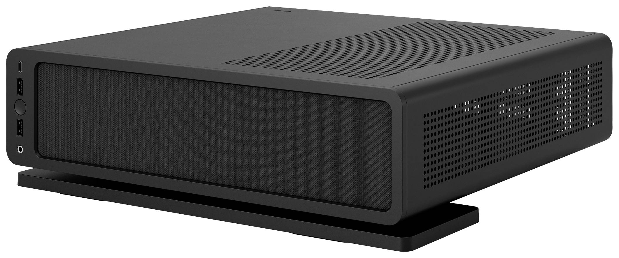 Een eenvoudige, zwarte desktop-computer met verluchtingssleuven aan de zijkant, liggend op een platte, rechthoekige voet.