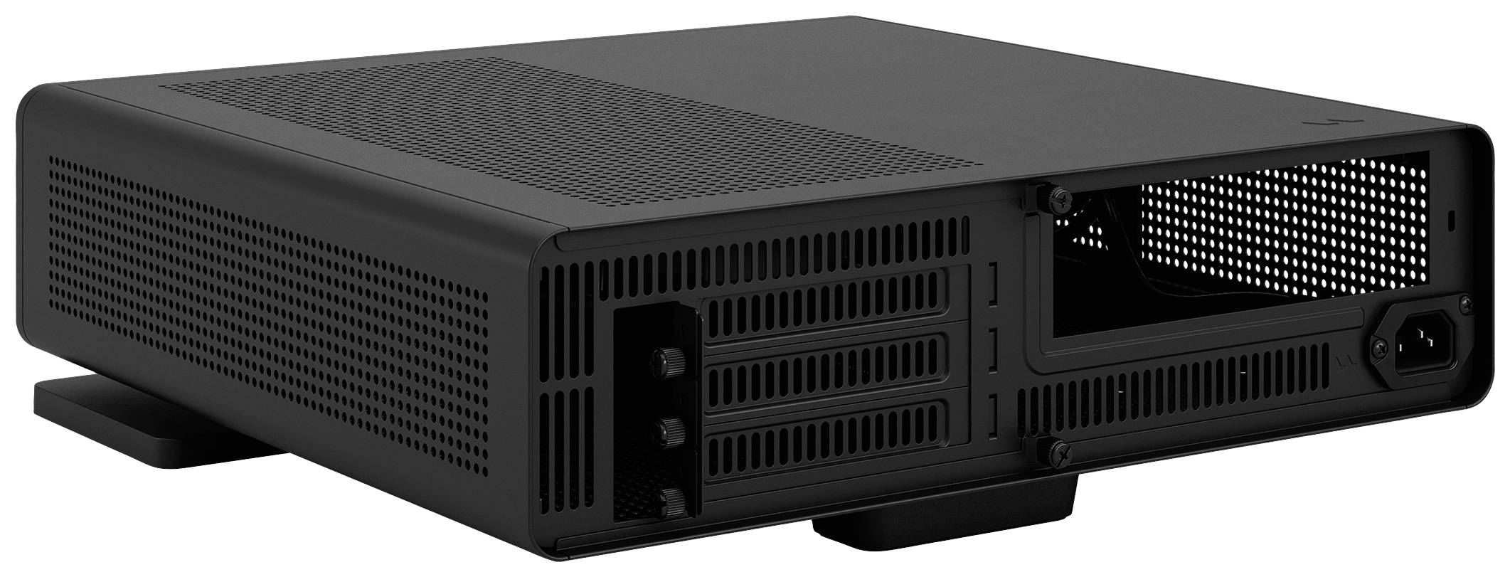 Zwart, rechthoekig computerbehuizing met ventilatiesleuven. De achterkant toont aansluitingen en een netschakelaar.