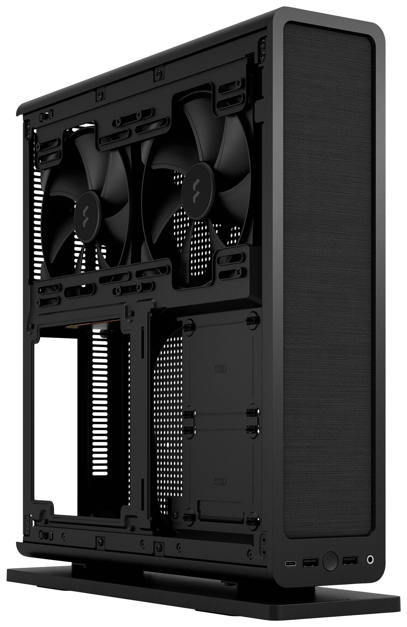 Zwart computerbehuizing met zichtbaar geïnstalleerde ventilatoren en aansluitingen aan de voorkant. Geschikt voor het bouwen van een pc.
