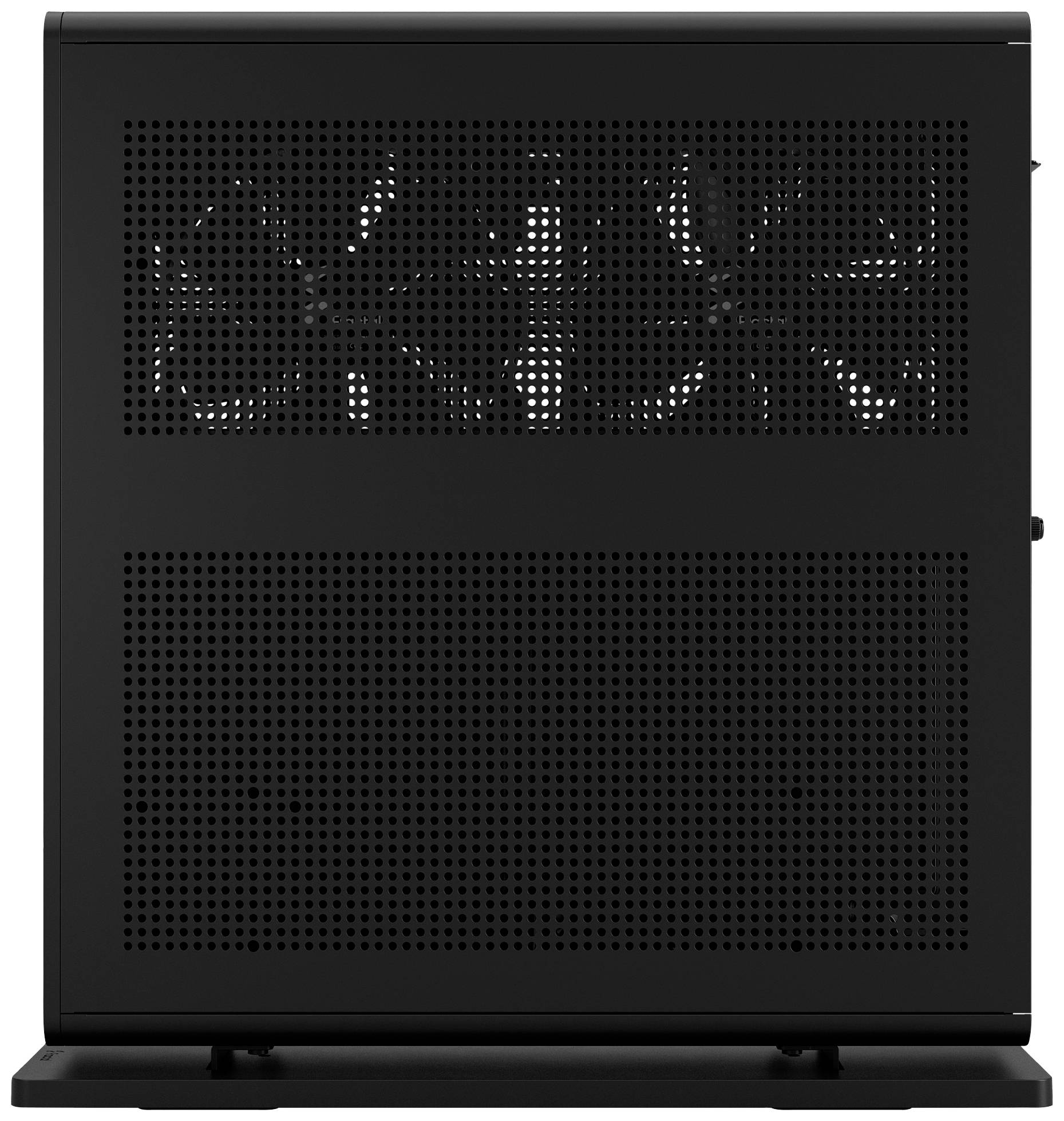 Zwart computergehuis met geperforeerde zijwand en drie zichtbare ventilatoren.