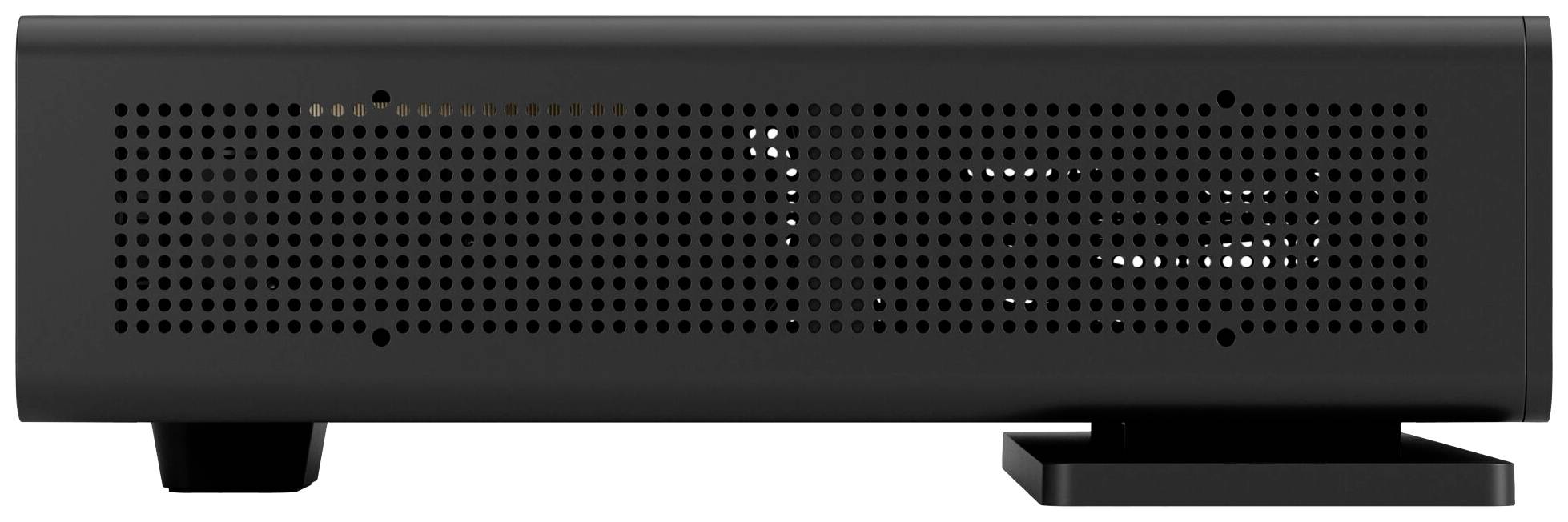 Zwart audioapparaat met geperforeerde behuizing voor ventilatie, gemonteerd op een platte voet.