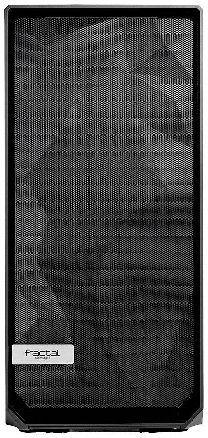 Een zwart computerbehuizing met een geometrisch patroon op de mesh-voorkant, met het merk 'Fractal' links onderaan zichtbaar.