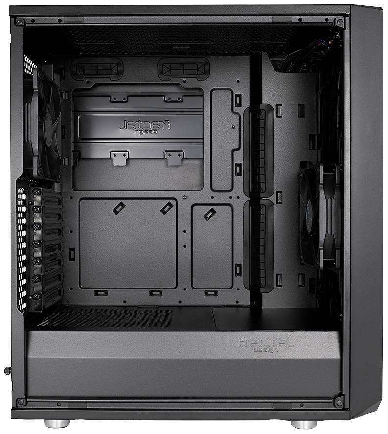 Zwart pc-behuizing, open aan de linkerkant, van binnen leeg, toont verluchtingssleuven en kabelbeheermogelijkheden.