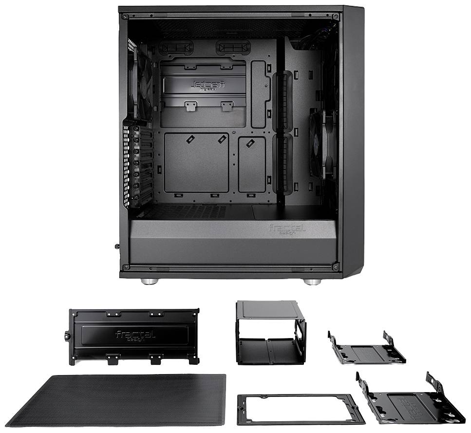 Een zwart computerbehuizing met een open zijpaneel, waarachter de interne componenten zichtbaar zijn. Ernaast liggen demontabele platen en houders.