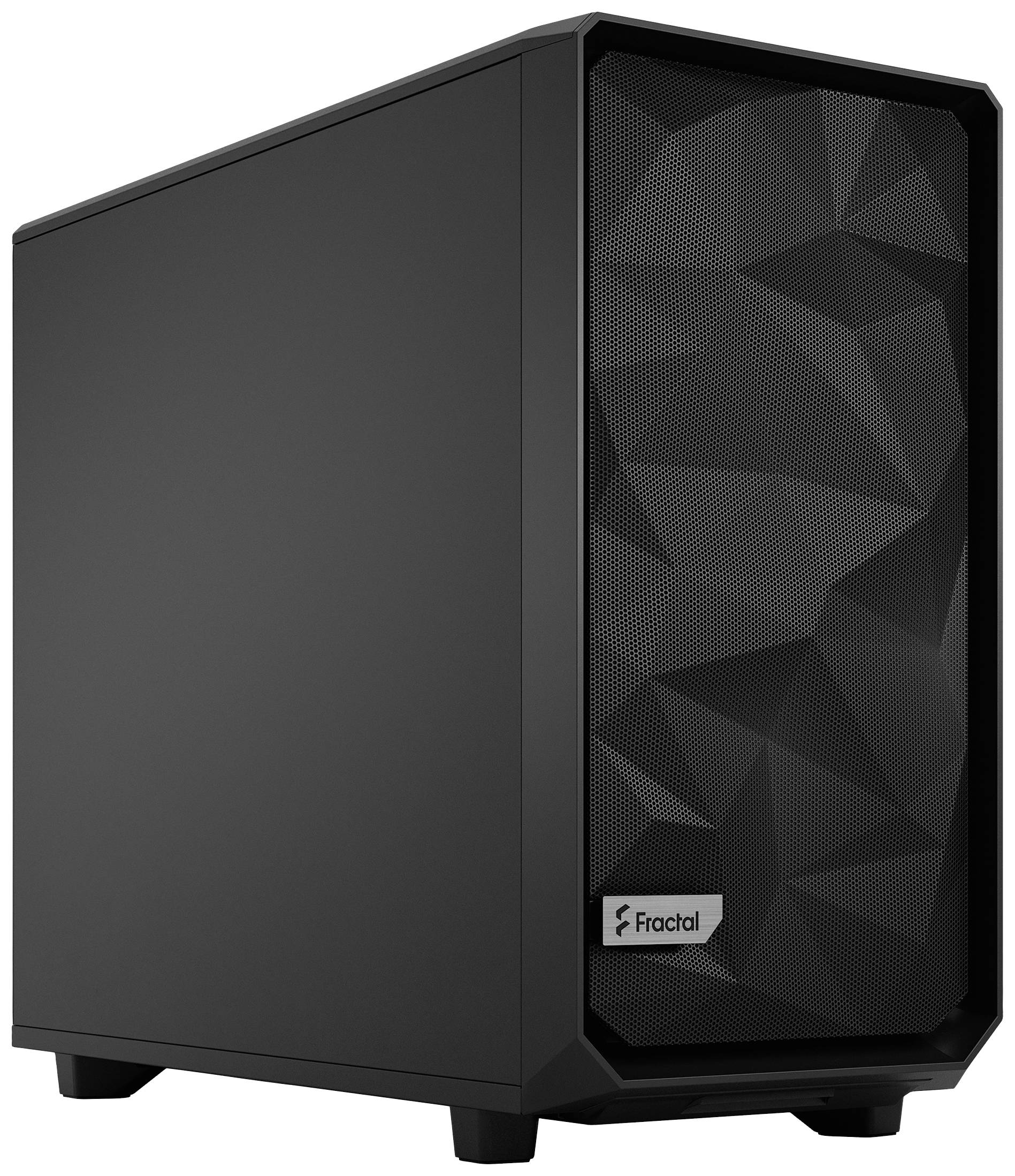 Een zwarte computerbehuizing met een geometrisch patroon op de voorkant. Merklogo onderaan zichtbaar.