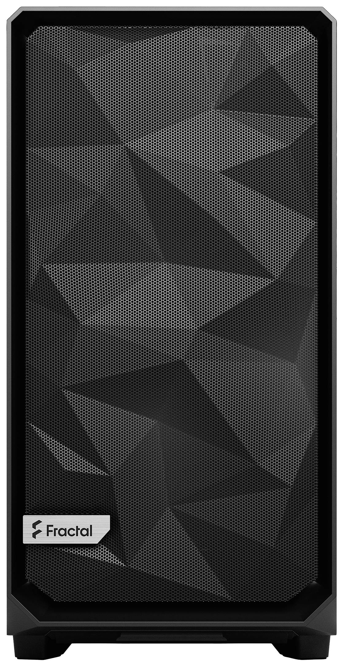 Zwart computerbehuizing met geometrisch design op de voorkant, merkopdruk 'Fractal' linksonder.
