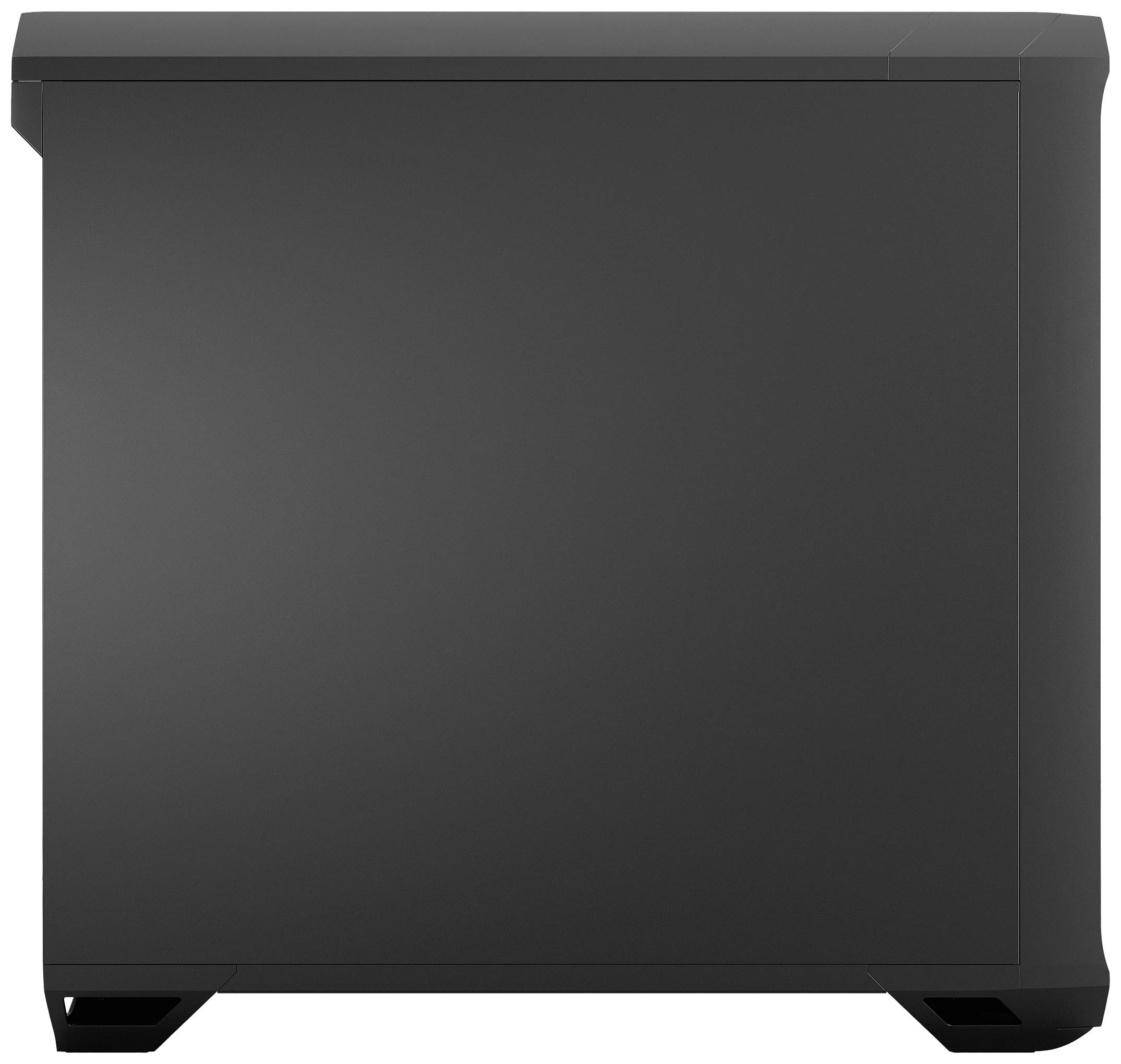 Zwart computerbehuizing aan de zijkant, zonder zichtbare merken of logo's, staand op voetjes.