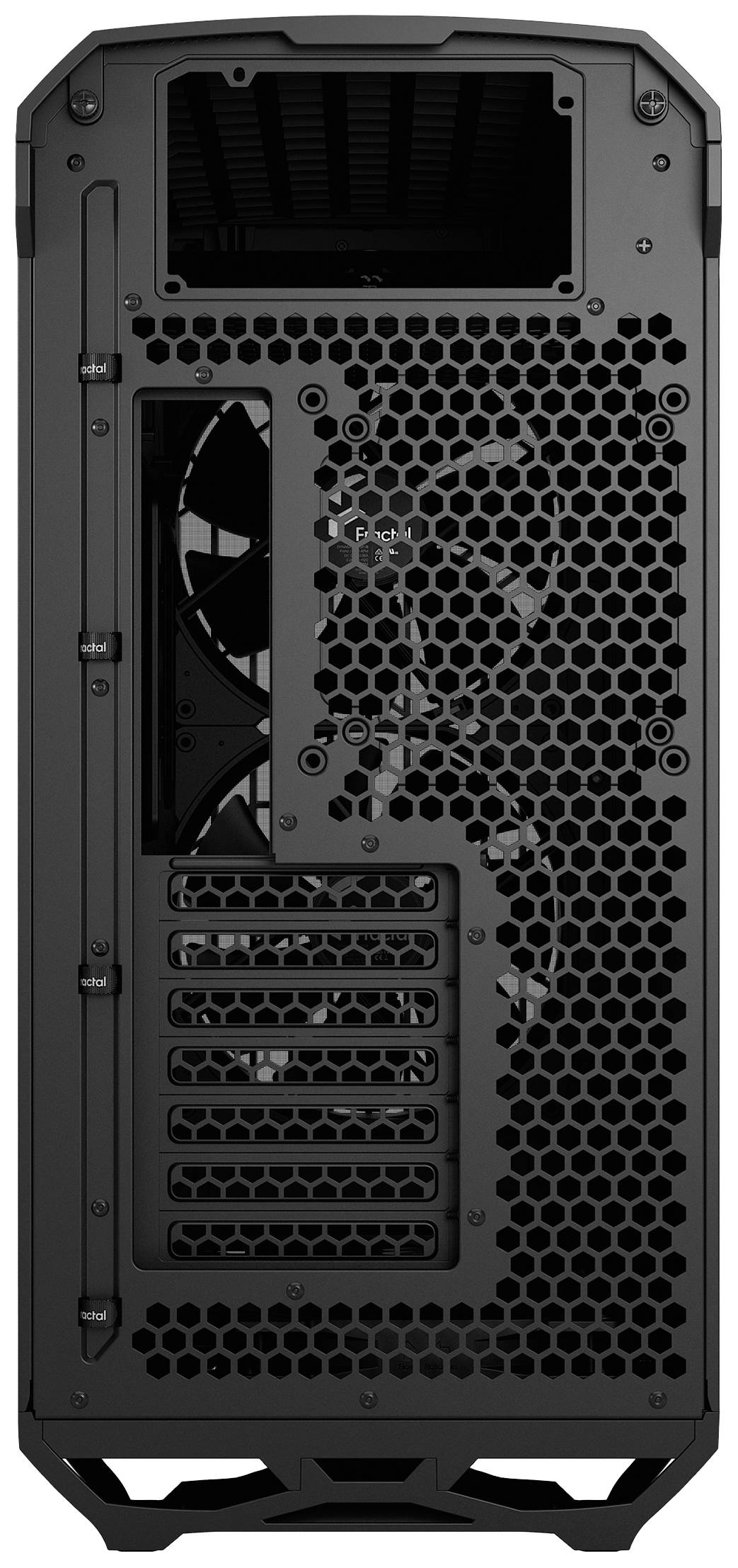 Achterkant van een computerbehuizing met ventilatieroosters en meerdere uitbreidingsslotopeningen.