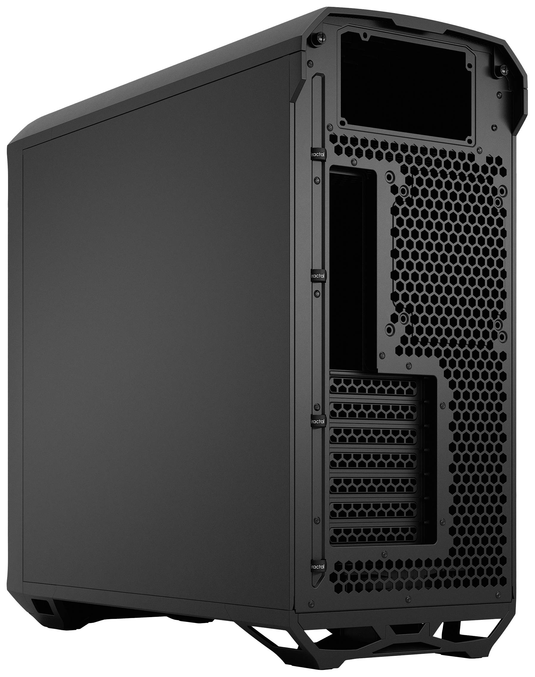 Zwart metalen computerbehuizing met een open ontwerp aan de achterkant, zonder zichtbare componenten of aansluitingen.