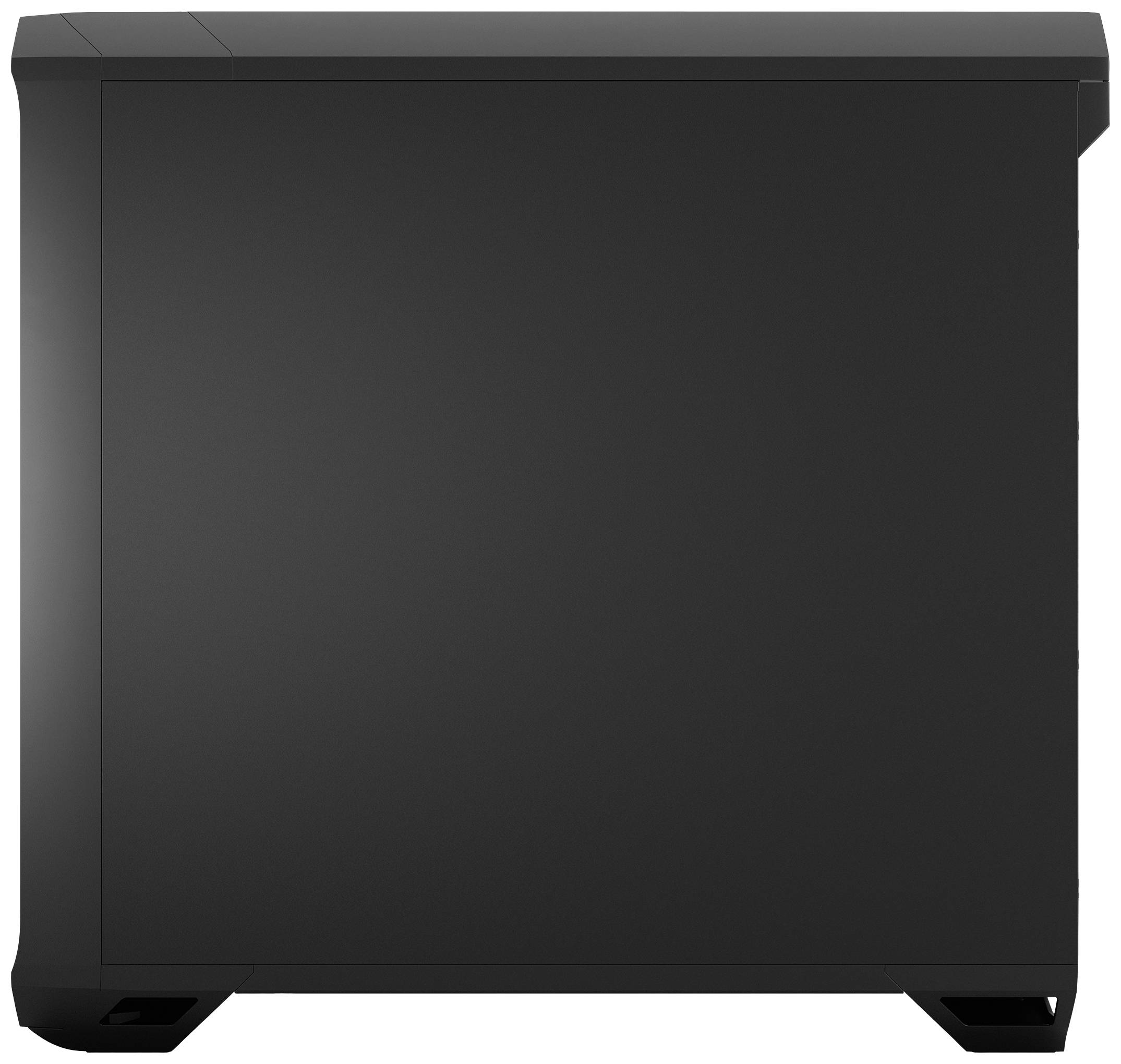 Een zwarte computerbehuizing met een strak design, zonder zichtbare kenmerken aan de linkerzijkant.