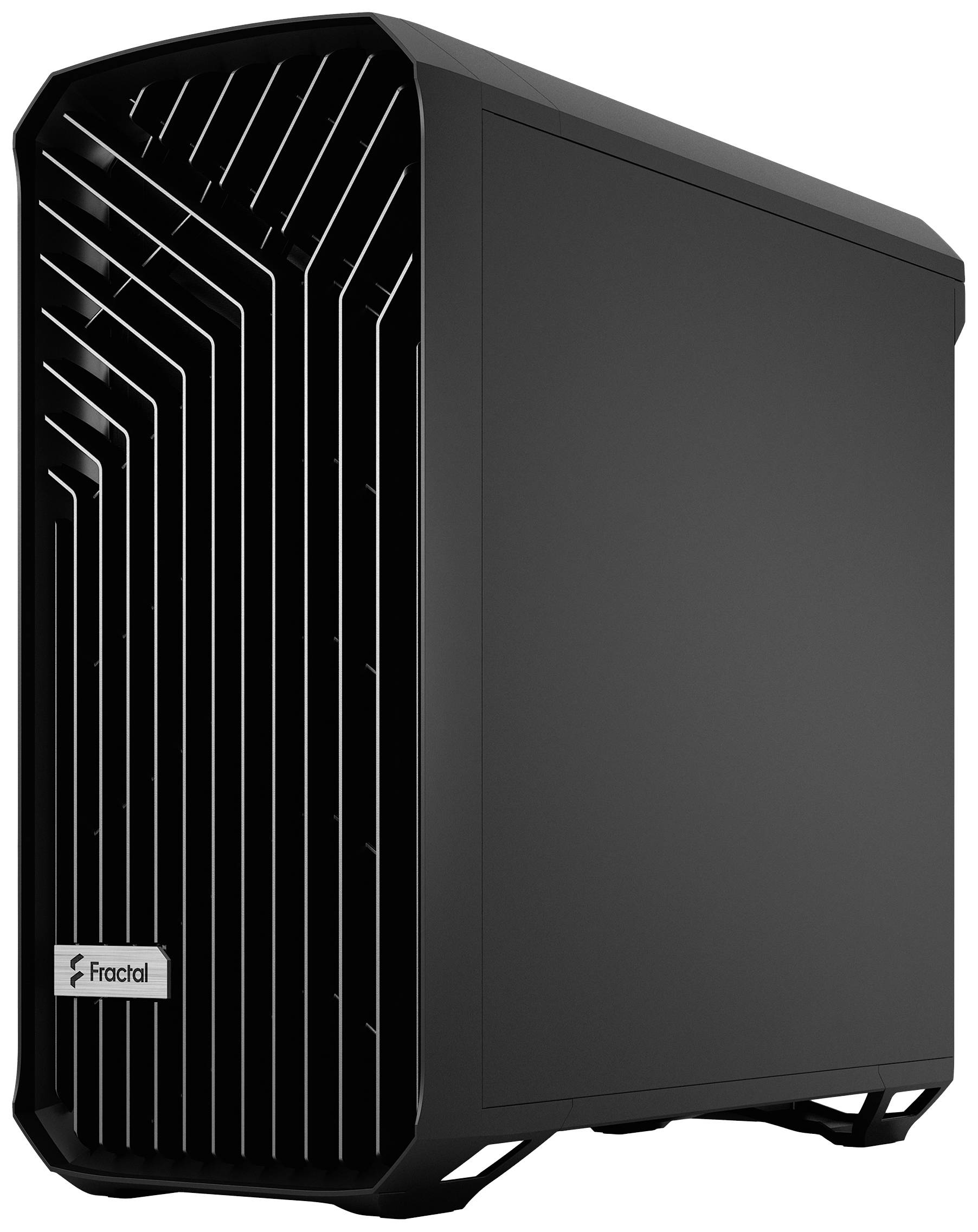 Zwart pc-behuizing met verticaal streeppatroon aan de voorkant, zijaanzicht. 'Fractal' merk zichtbaar op de voorkant.