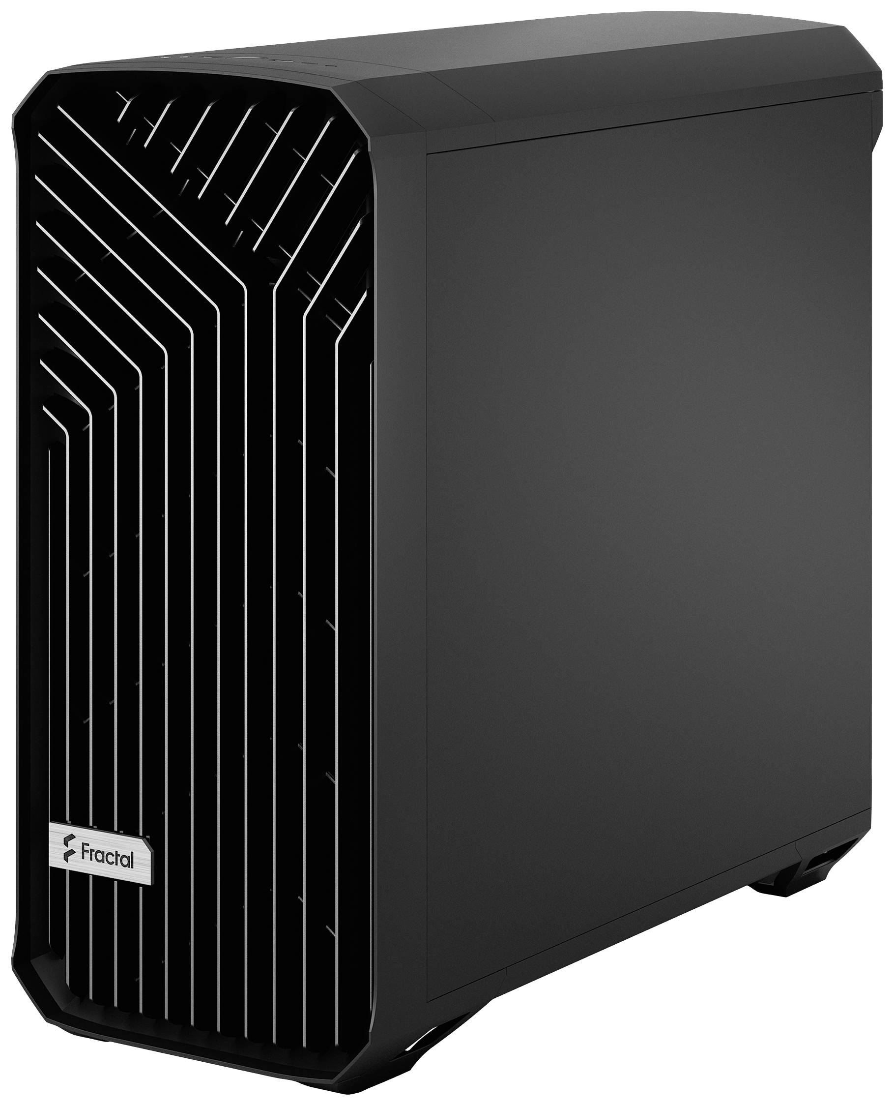 Zwart computerbehuizing met strak, geometrisch frontontwerp en Fractal-logo linksonder.
