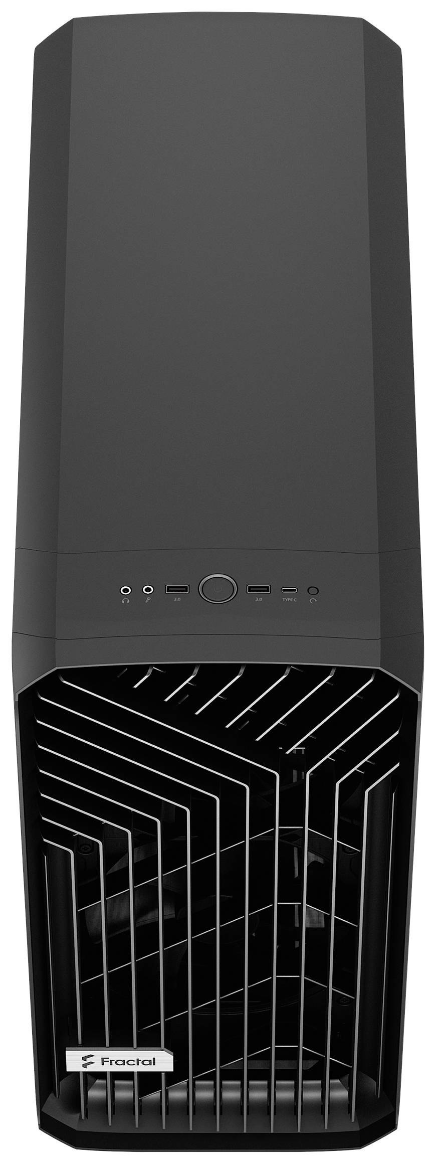 Zwart computerbehuizing met modern design, verticale ventilatiesleuven en bedrijfslogo op de voorkant.