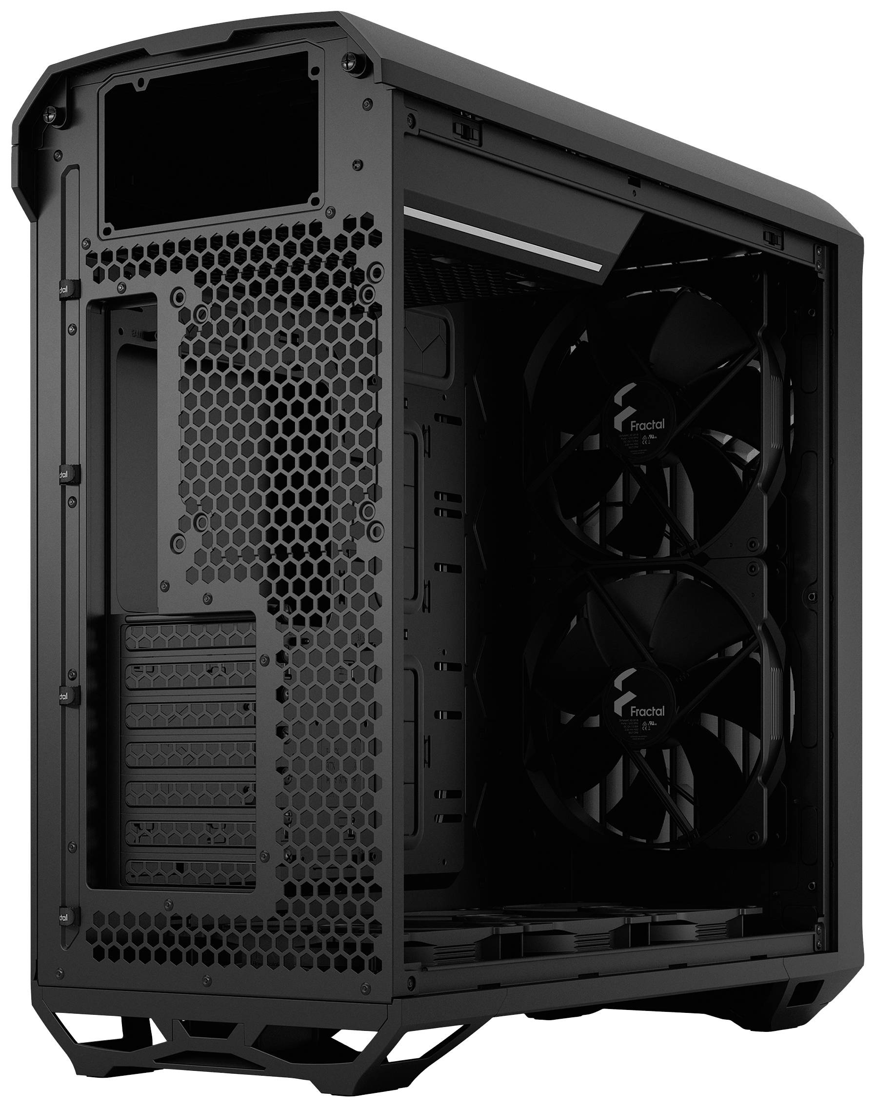 Zwart computerbehuizing met open zijpaneel. Ventilatoren en roosters zijn zichtbaar. Behuizing is leeg, klaar voor de installatie van pc-componenten.