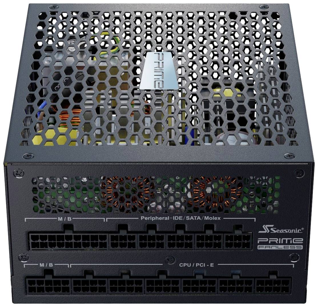 Zwart PC-voedingsblok van Seasonic met modulaire aansluitingen voor moederbord, CPU/PCI-E, stations en randapparatuur.