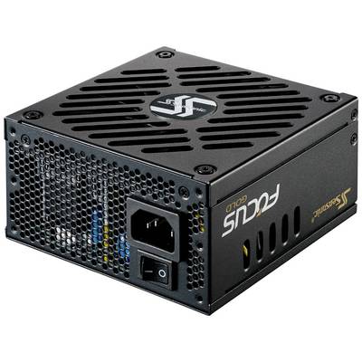 'Seasonic voeding Focus Gold', compact en zwart met netschakelaar en ventilatierooster, geschikt voor computerbehuizingen.