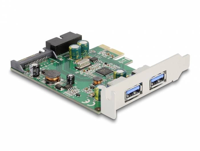 Printplaat met twee USB 3.0-aansluitingen en verschillende elektronische componenten, geschikt voor inbouw in pc's.