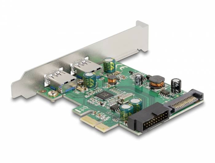 Een interne uitbreidingskaart voor computers met twee USB-poorten, meerdere elektronische componenten en een PCIe-interface.